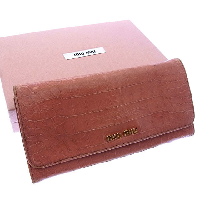 長財布 クロコダイル調 ロゴ入り ピンク×ゴールド レディース 中古