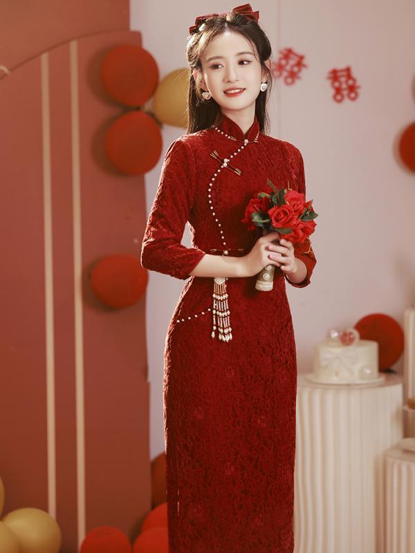 チャイナドレス きいサイズ レディース 長袖 半袖 ミモレ丈 スタンドカラー スリット ビーズ ジップアップ タイト レトロ おしゃれ エレガント 赤 パーティー 6,820円