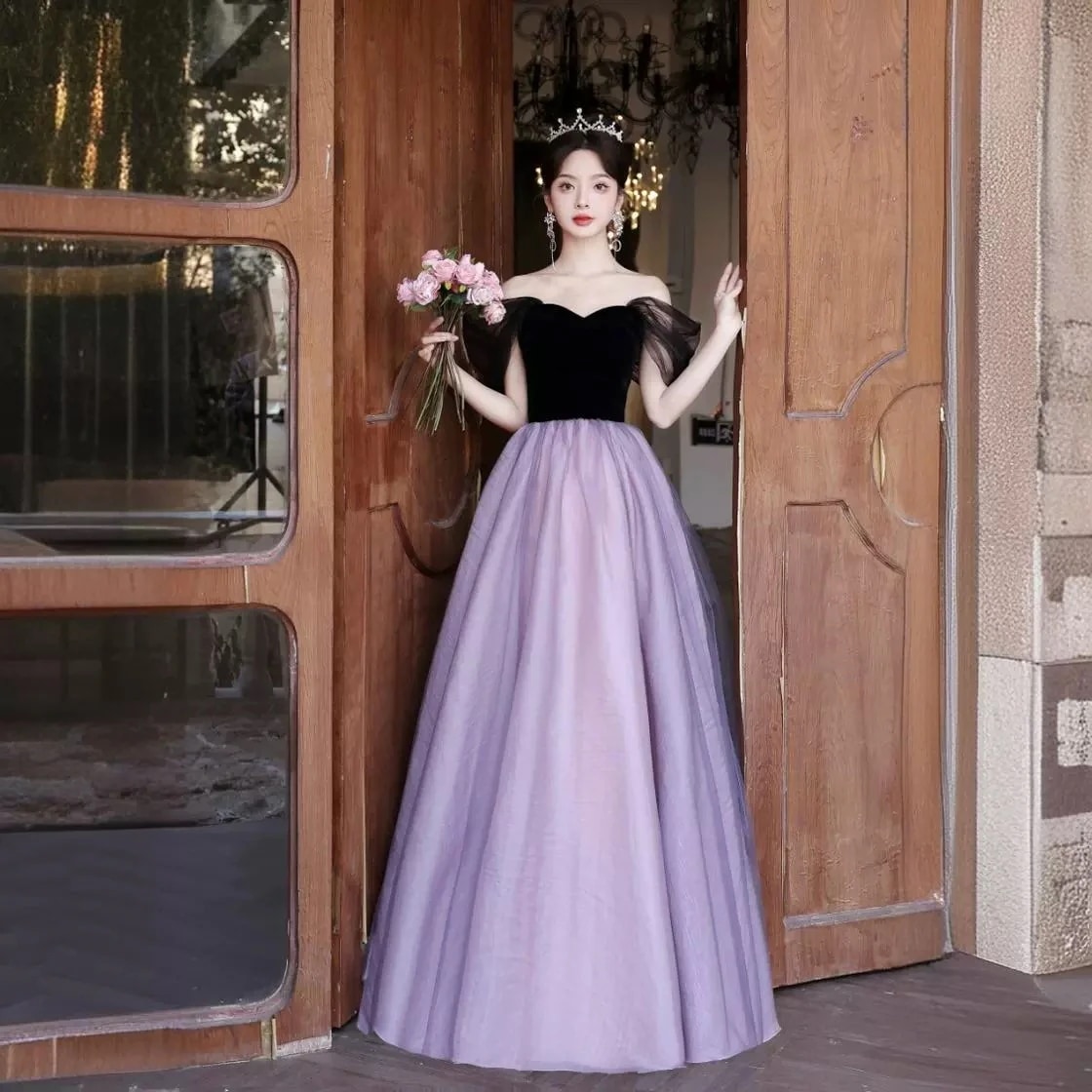 イブニングドレス パープル ライト ラグジュアリー ニッチ ホスト 宴会ドレス 成人式 誕生日 ボーカルアートテスト 高級感 ガーゼスカート
