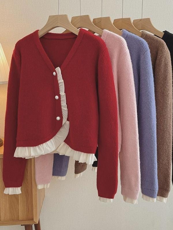 レディース トップス ニット オシャレ 韓国スタイル カワイイ カジュアル セーター カーディガン レース スプライシング ニットカーディガン フレンチスタイル ショート セーター ジャケット