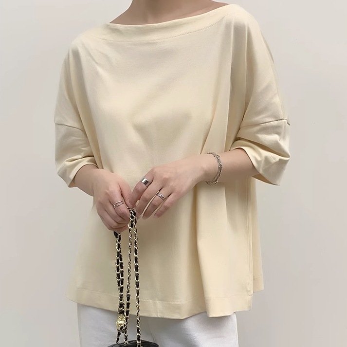 トップス Tシャツ 袖あり 5分袖 五分袖 ラウンドネック 襟なし 綿 薄手 かわいい 大人可愛い シンプル カジュアル 大人 おしゃれ お洒落 大人女子 ラフ 無地 春 夏 秋 20代 30代