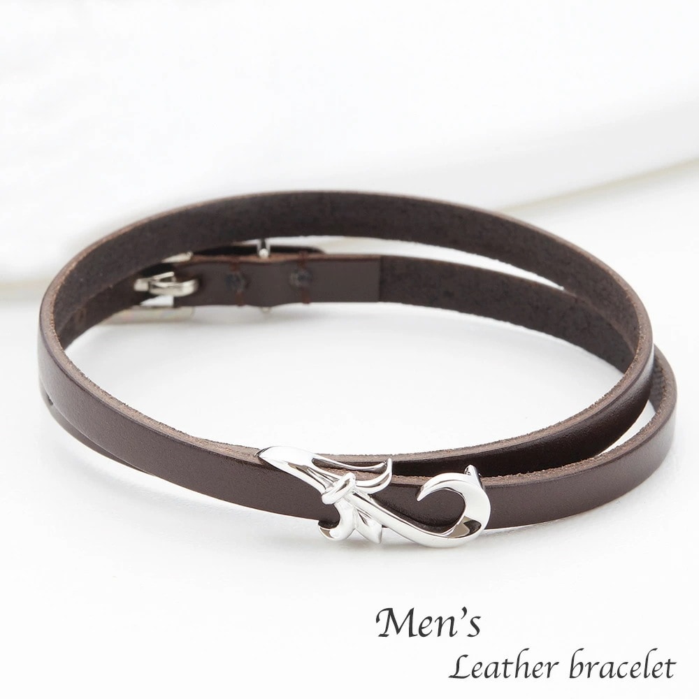 ブレスレット メンズ アラベスク細身レザー シルバー925製 こげ茶色 ダークブラウン 牛革 二重