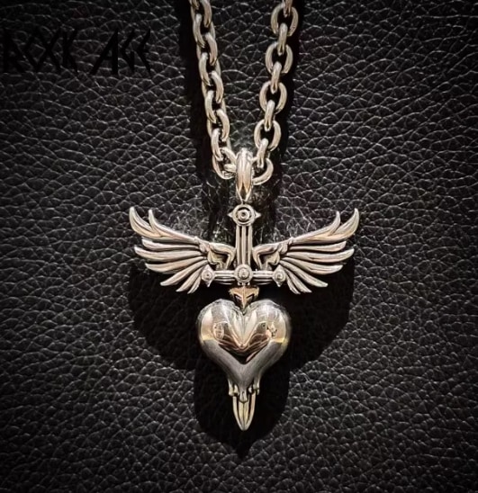 ROCK AGE オリジナルシルバーウェアブランド S925BON JOVI ロックバンドホーリーソードエンジェルフェザーピーチハートネックレス