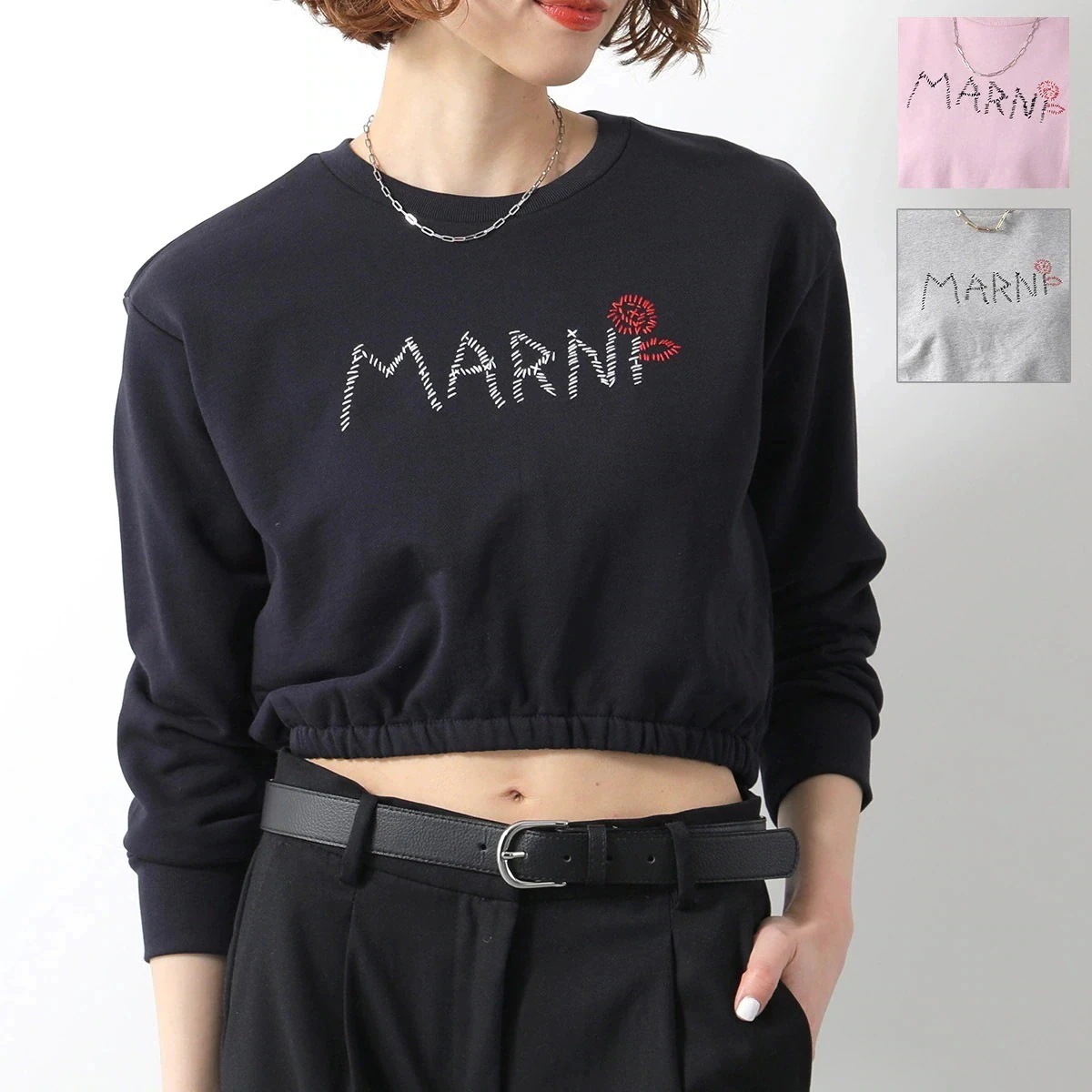 MARNI KIDS マルニ キッズ トレーナー M01322 M00V3 レディース ガールズ スウェット クロップド丈 長袖 クルーネック ロゴ 刺繍 カラ