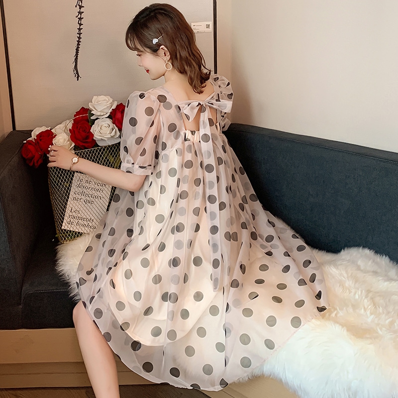 マタニティ ワンピース ミディ丈 シフォン ドット スクエアネック パフスリーブ