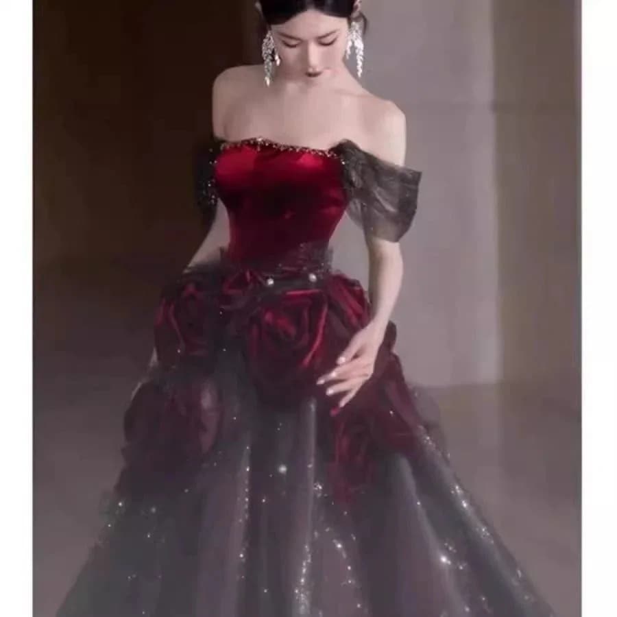2025 ハイエンド宴会ホスト小さなイブニングドレス女性レッド婚約結婚式ウェアブライダルロングドレス ウェディングドレス