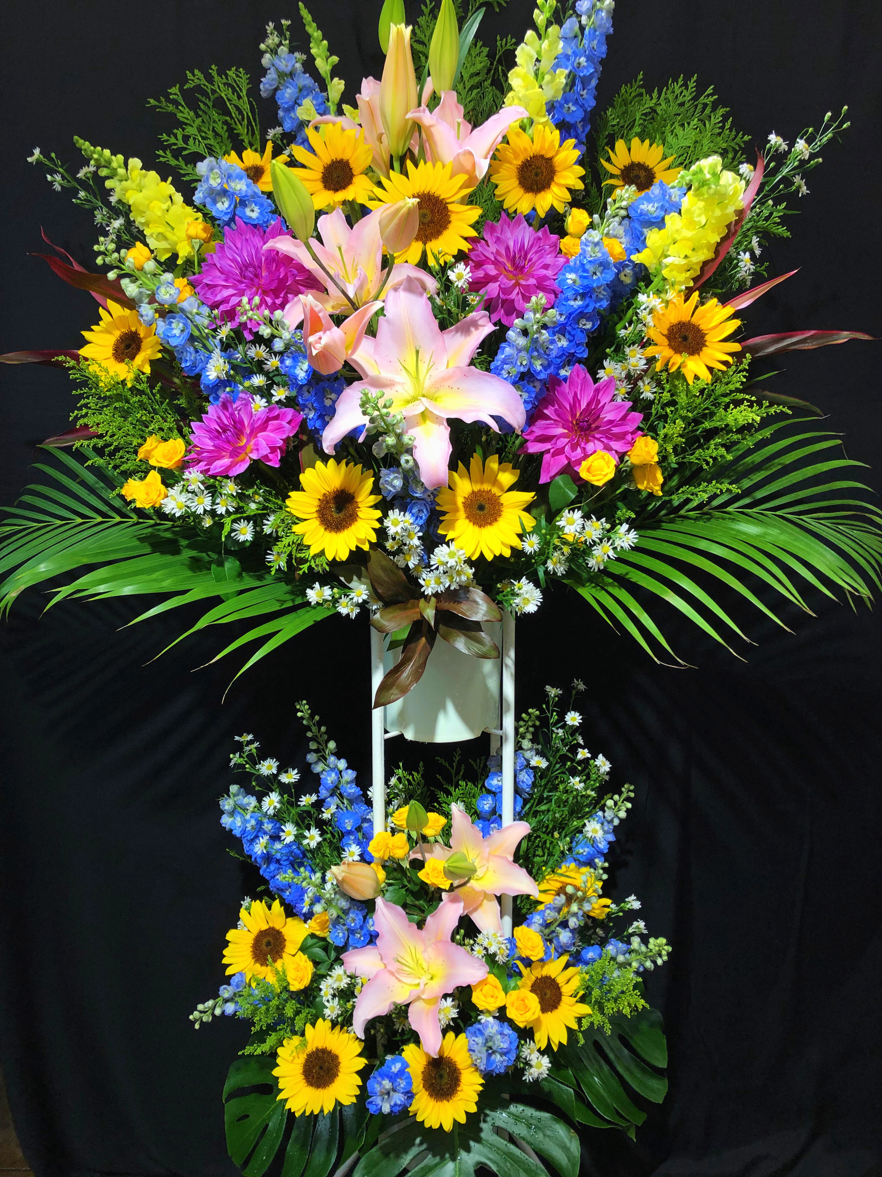 商品ID 3732 スタンド花　青黄色系　2段　生花