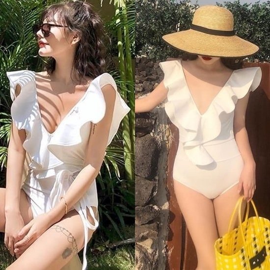 ワンピースビキニ 水着 レディース 黒 白 フリル Vカット ラッフル 体系カバー 大人 夏