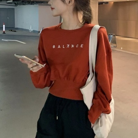 トップス スウェット ショート丈 袖あり 長袖 クルーネック デザイン 美ライン ニュアンス 刺繍 リブ ヴィンテージ風 カラバリ かわいい 大人可愛い きれいめ シンプル カジュアル 大人 上品