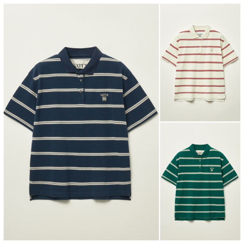 【SATUR】 STRIPE PIQUE POLO T-SHIRT : 3COLORS