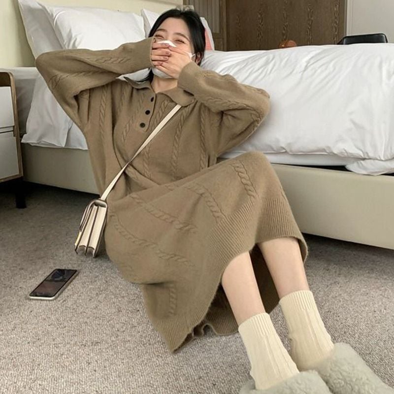 10個セット 高級感のある開襟ファースカート秋冬ミディアム丈厚手の麻ニットゆったりワンピース