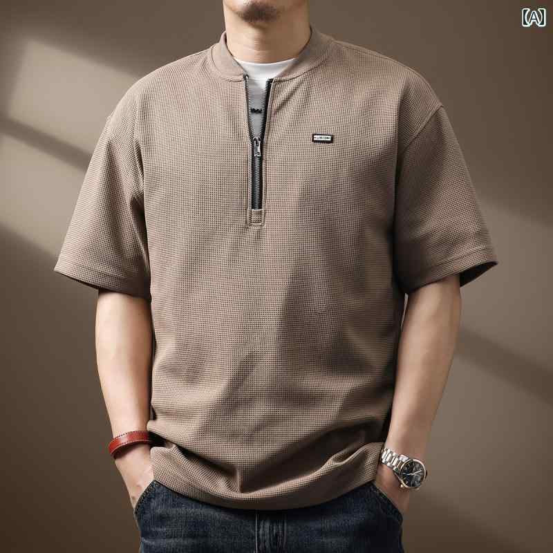 ポロシャツ ハイエンド アメリカン ヘビー メンズ ジッパー 半袖 レトロ 夏 男性用 Tシャツ 洗浄済み 都会的 レジャー カジュアル 無地 シンプル 7,113円