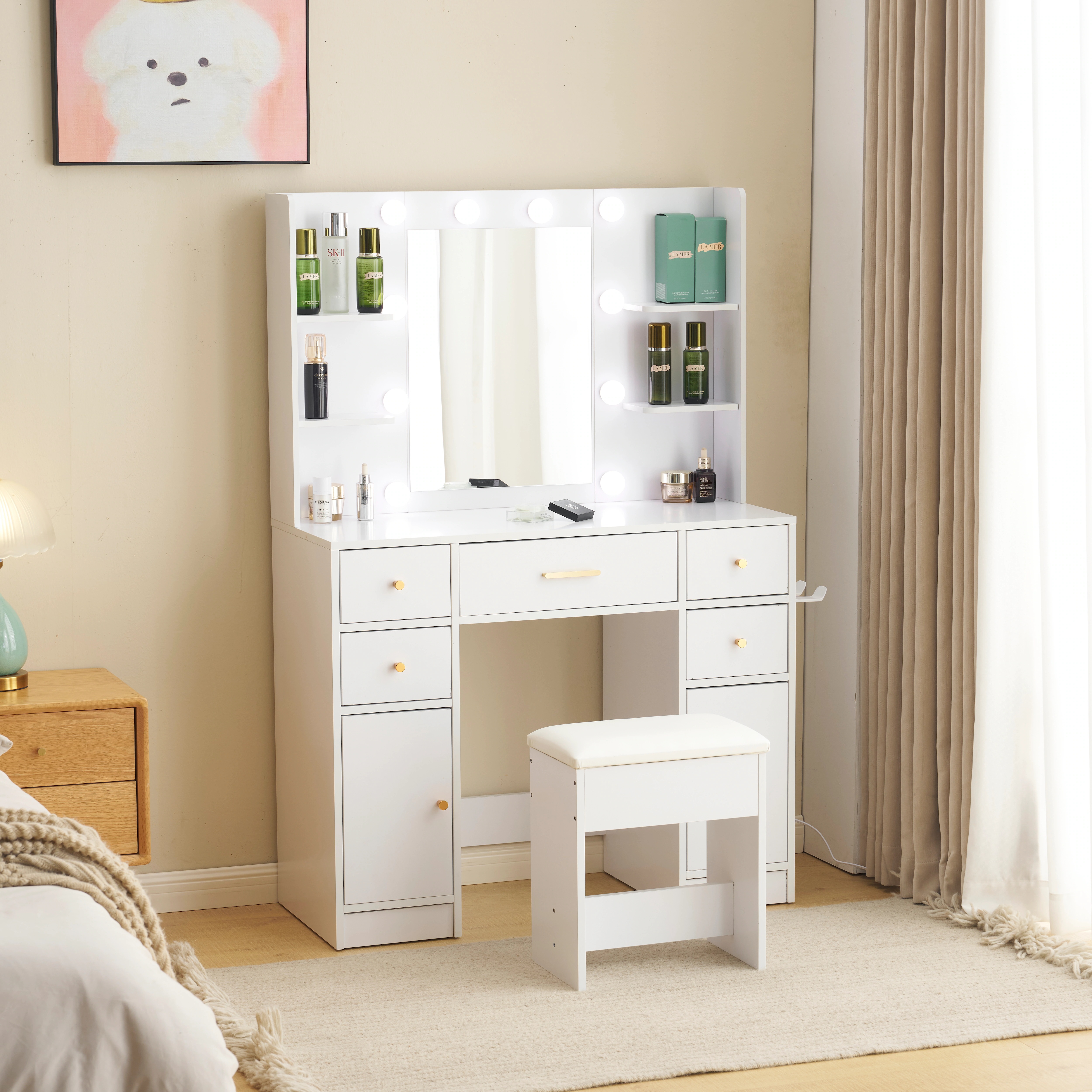 ドレッサー 化粧台 テーブル 鏡台 ライト付き 3色LED ドライヤーホルダー コンセント付き 女優ミラー 引き出し 収納 椅子 セット サイド収納 メイク台 シンプル 大容量 可愛い
