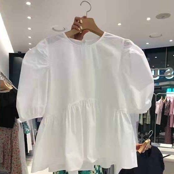 トップス ブラウス チュニック 白トップス パフスリーブ ラウンドネック フレア ペプラム かわいい