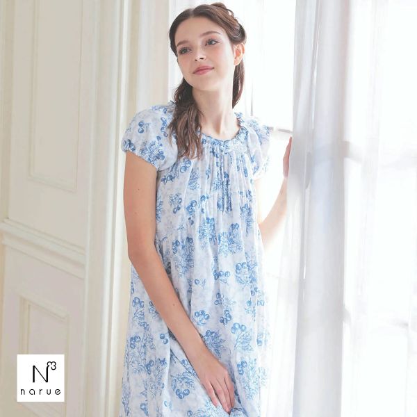 ナルエー パジャマ コットンダブルガーゼトワルドスリーズパフスリーブワンピース ルームウェア ワンピ