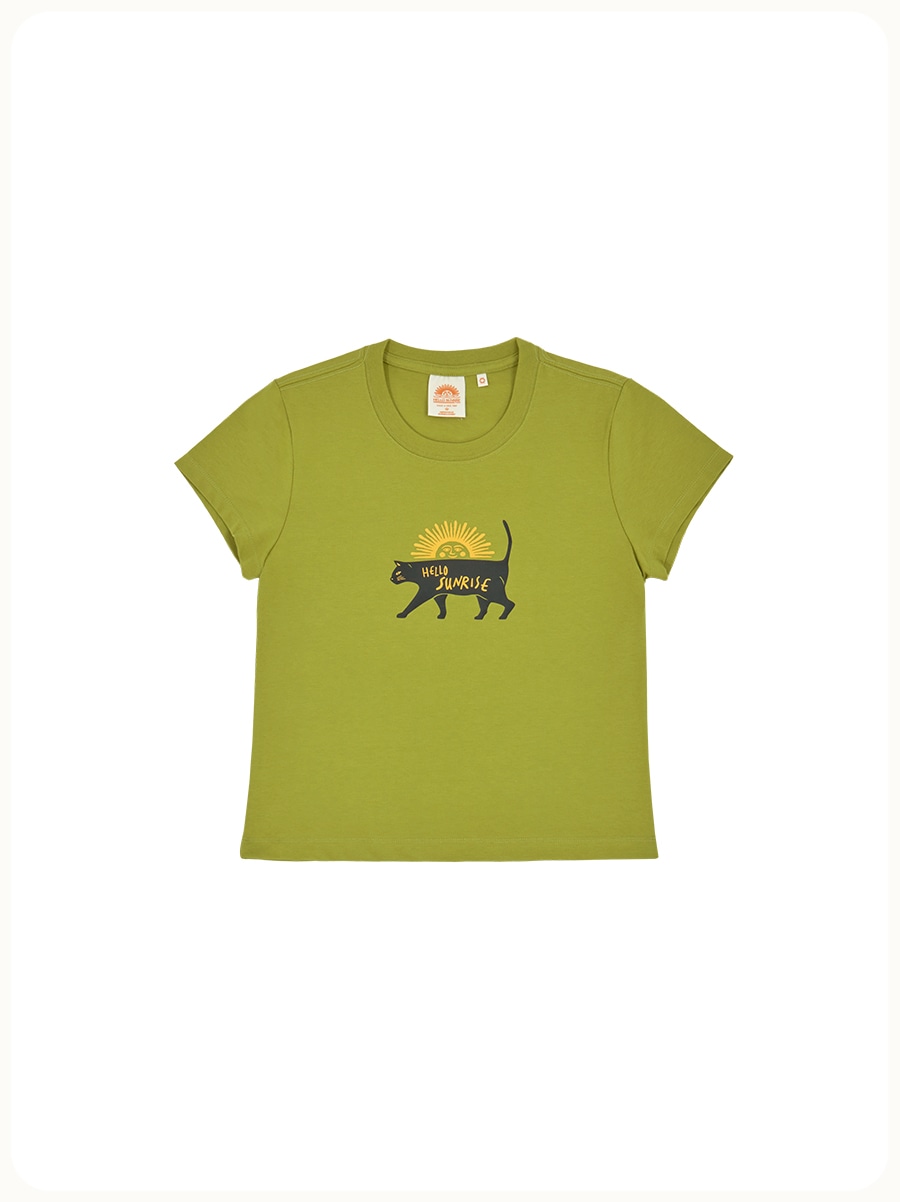 HELLO SUNRISE VTG Cat Logo Short Sleeve Tee(W) Olive