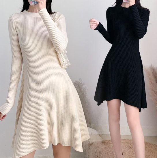 【取寄：納期2週間】ニットワンピース リブニット アシンメトリー ミニ丈 ミディアム丈 ラウンドネック Aライン フレア スリム フィット レトロ クラシカル シンプル ベーシック きれいめ