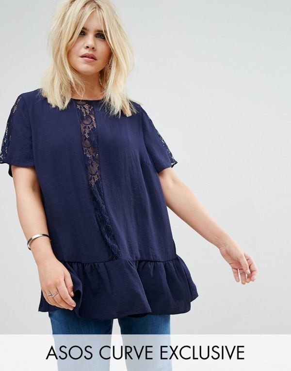 ASOS エイソス レディース 大きめサイズ ゆったりサイズ 送料無料 Navy CURVE Smock Top with Lace Insert