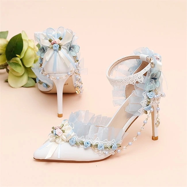 ブルー/ピンク/グリーン/パープル ストラップパンプス　ハイヒール　ピンヒール　レディース　パンプス　レース花　ヒール5/7/9cm　 レディース サンダル　靴 美脚 結婚式　ウエディングシューズ　靴