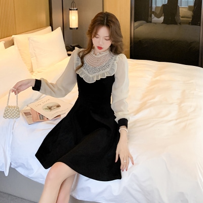 ワンピース フレアワンピース 膝上 袖あり 長袖 スタンドカラー フレア Aライン レース 刺繍 フリル ベロア 異素材MIX かわいい 大人可愛い 大人 上品 おしゃれ お洒落 エレガント 主役級