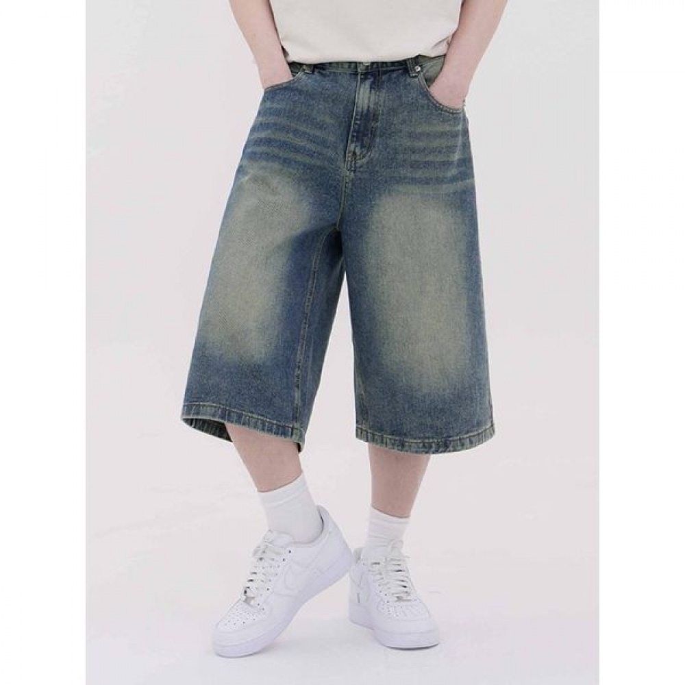 [ジャンマニア] ユニセックスワイドルーズフィットバミューダ7パートイエローブルージーンズデニムパンツ 5,934円