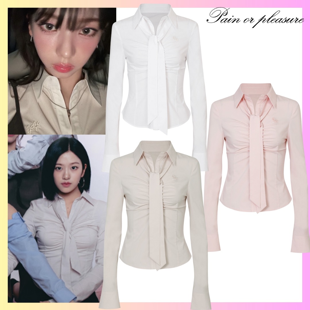 [Aespa カリナ/ IVE アン ユジン着用] VIVIAN SCARF SHIRT - 3色 + FREE OMAKE 秋ニット 赤ニットトップス ニットスウェット シャツ レディース ブラウス