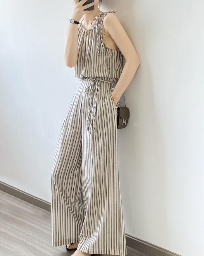 セットアップ レディース 夏 春 コットン 綿 パンツドレス 2点セット キャミソール タンク パンツ ロング きれいめ パンツスーツ パンツセット ワイドパンツ ガチョウパンツ ハイウェスト ストラ
