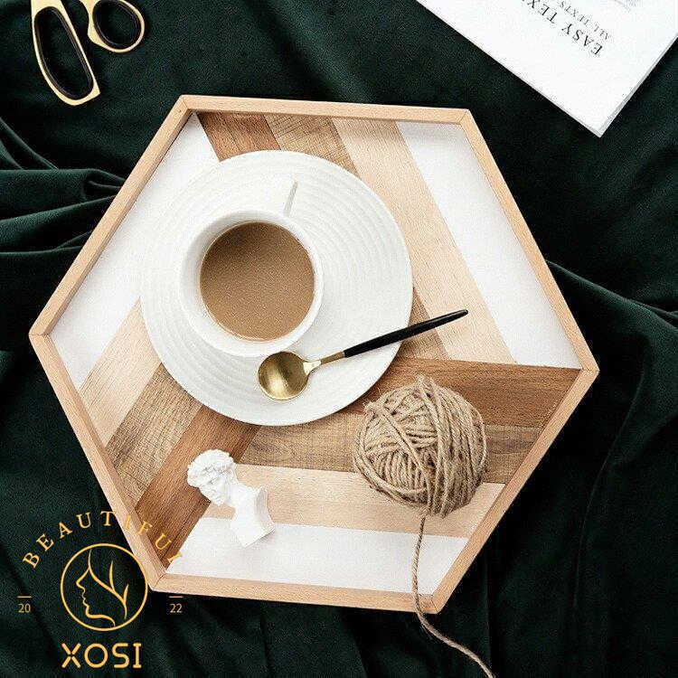 トレー 六角形 ウッド調 お盆 カフェ風 キッチン小物 キッチン用品 テーブルコーディネート ギフト ブラウン ホワイト スタイリッシュ/[amk38]