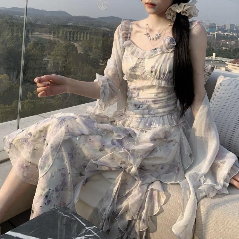 花野満山優しい花柄フリルサスペンダースカートスーツカーディガンドレス気質2点セット