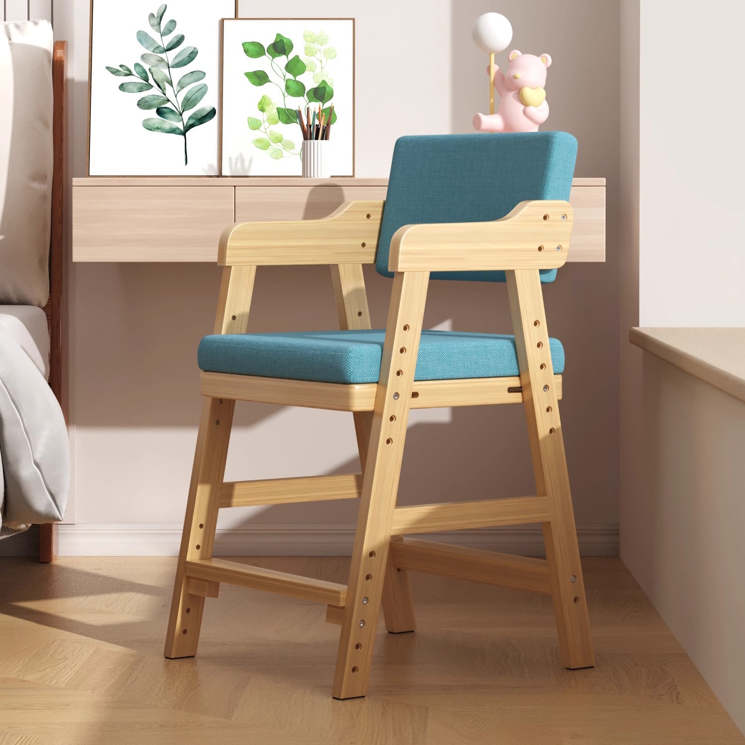 子供の学習椅子の固形木製シートリフト可能なライティング椅子学生ホームデスクと椅子調整可能な特別なダイニングチェア