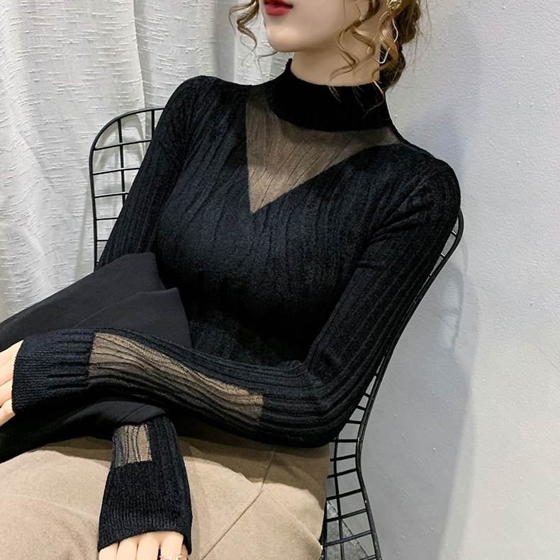 トップス レディース 二ットソー 個性的 長袖 ハイネック Vネック 透け感 無地 黒 ベージュ30%までに制限