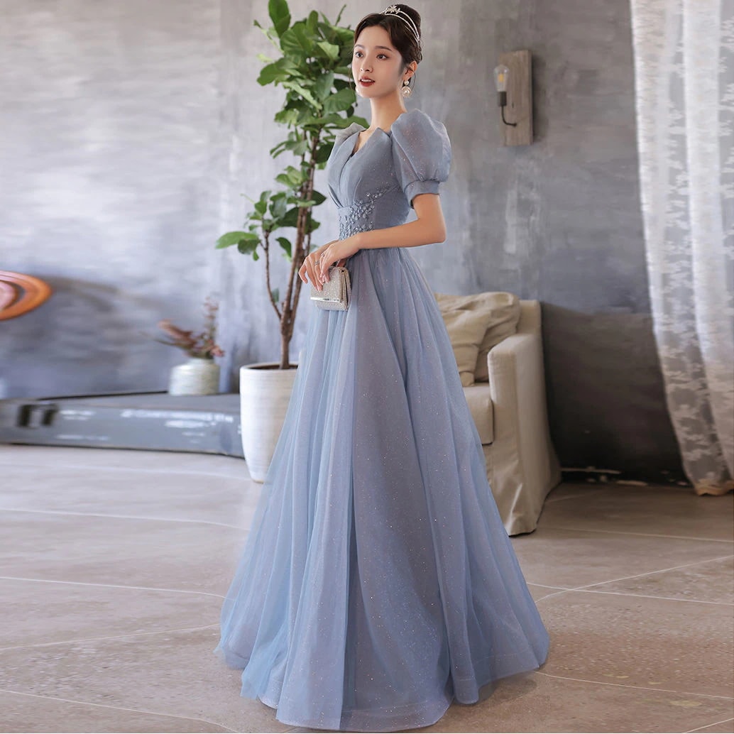 韓国ファッションウェディングドレス パーティードレス パフスリーブ 花嫁ロングドレス 簡約 結婚式 二次会 レース お呼ばれ 挙式 姫系