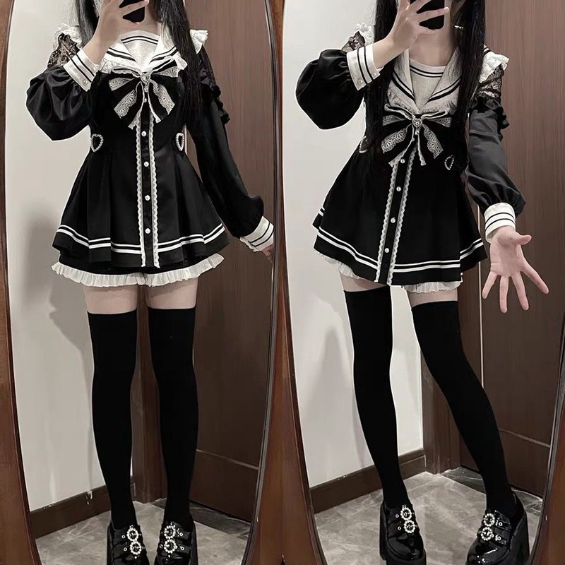 ブロークンベア 和風スイーツ風ツーピースセット レディース 春秋用 リボン結びウエストスリミングワンピースとハイウエストショーツ