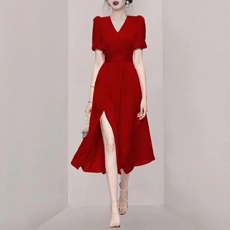 ワンピース 上着 人気 おすすめ おしゃれ お洒落 激安 安い プチプラ Vネック ふわふわ パフスリーブ ふんわり 膝丈 スリット 無地 可愛い かわいい 韓国 きれいめ 大人 l