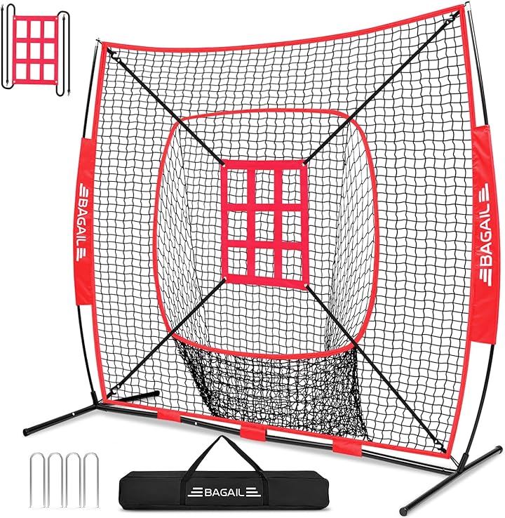 BAGIL野球ネット ベースボールネット 練習用 バッティングネット ピッチングネット スチール製 野球器具 硬式/軟式対応 打撃 投球(レッド（丸穴）, 212x212x108)