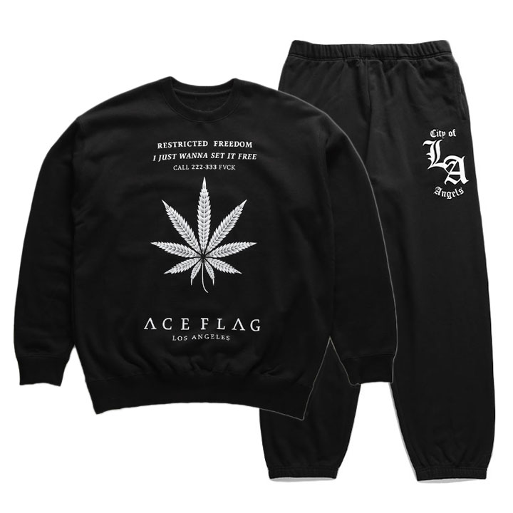 ACE FLAG 上下セット 長袖 ブランド スケボー メンズ 春秋冬用 黒 大きいサイズ エースフラッグ セットアップ トレーナー スウェット 裏パイル スウェットパンツ