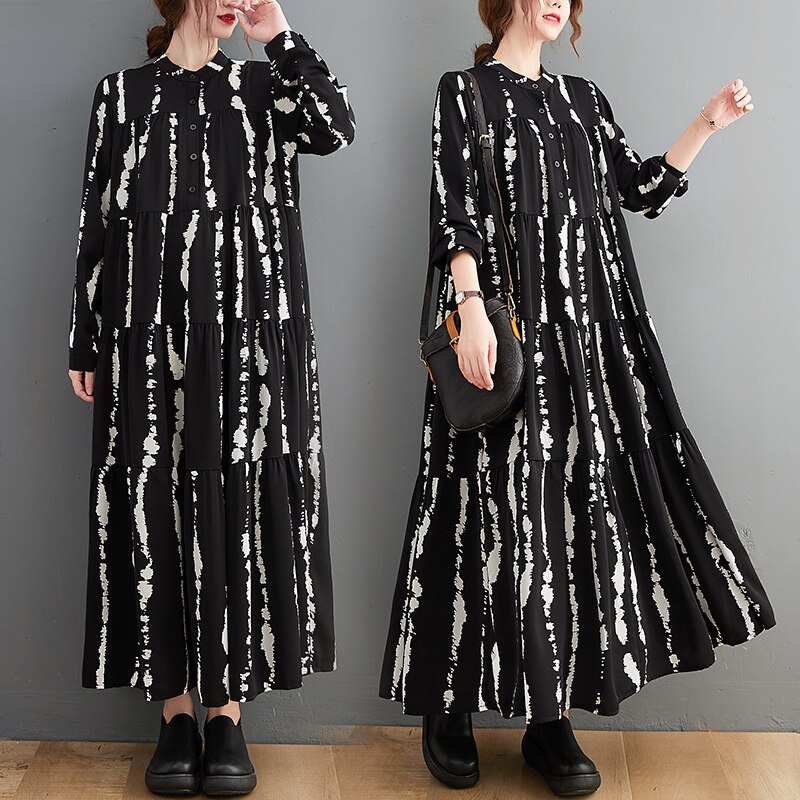 ワンピース 長袖 春 かわいい 大きいサイズ ロング シャツワンピース マキシ ロング ロング丈 襟なし ポロカラー バンドカラー BIGシルエット フレア 黒 ブラック 大人カラー モノトーン ワン