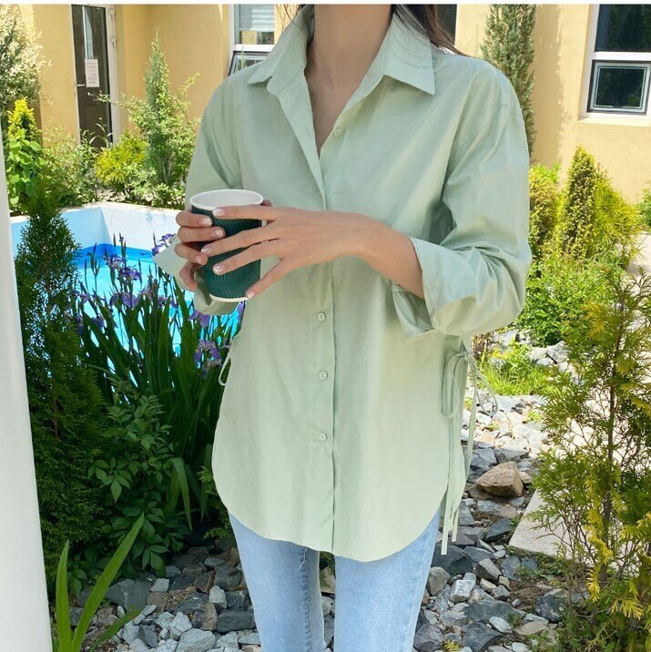 3色 トップス シャツ ブラウス カットソー チュニック レディース 夏 春 秋 きれいめ ゆったり 長袖 カフス レギュラーカラー BIGシルエット 裾ワイド ゆったり リボン スリット サイドスリ