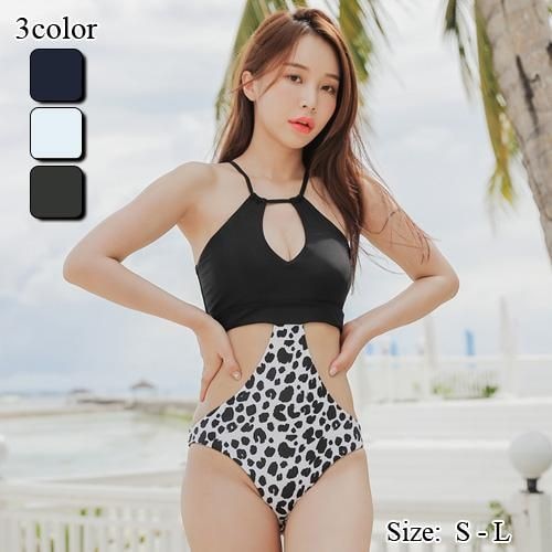 【グラシア】 水着 ワンピース レディース ビーチウェア スイムウェア 流行 海 プール カット ゆったり Tシャツ モノキニ 胸元 大人 大胆 ネイビー ホワイト ブラック S M L ワンピース