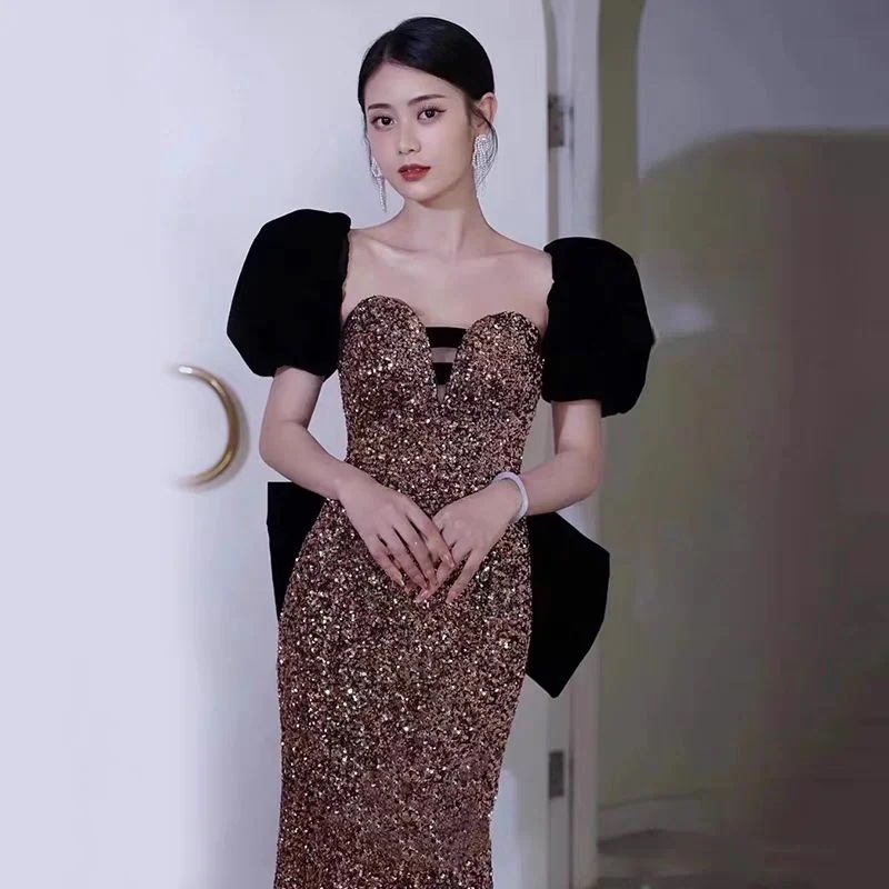 ドレスロングスカート女性ベルカントテールスパンコールシニアセンスホストアート試験ボーカルソロ