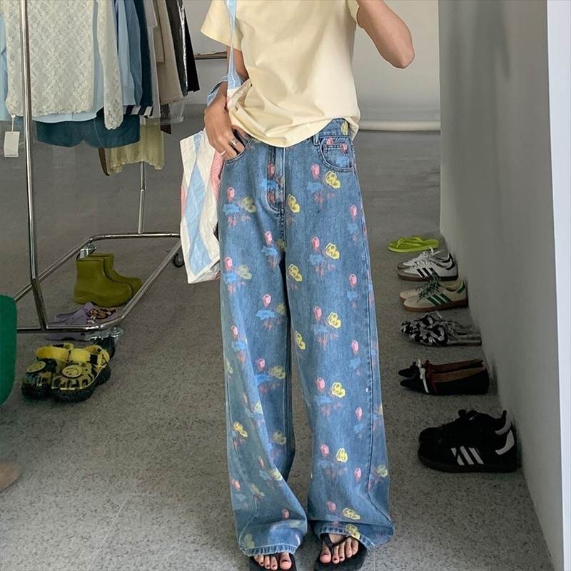 デニムパンツ ジーンズ ジーパン 花柄 デニム ズボン 淡色 レディース かわいい 大人可愛い カジュアル おしゃれ お洒落 かっこいい レトロ こなれ感 ラフ キュート 個性的 クール エレガント