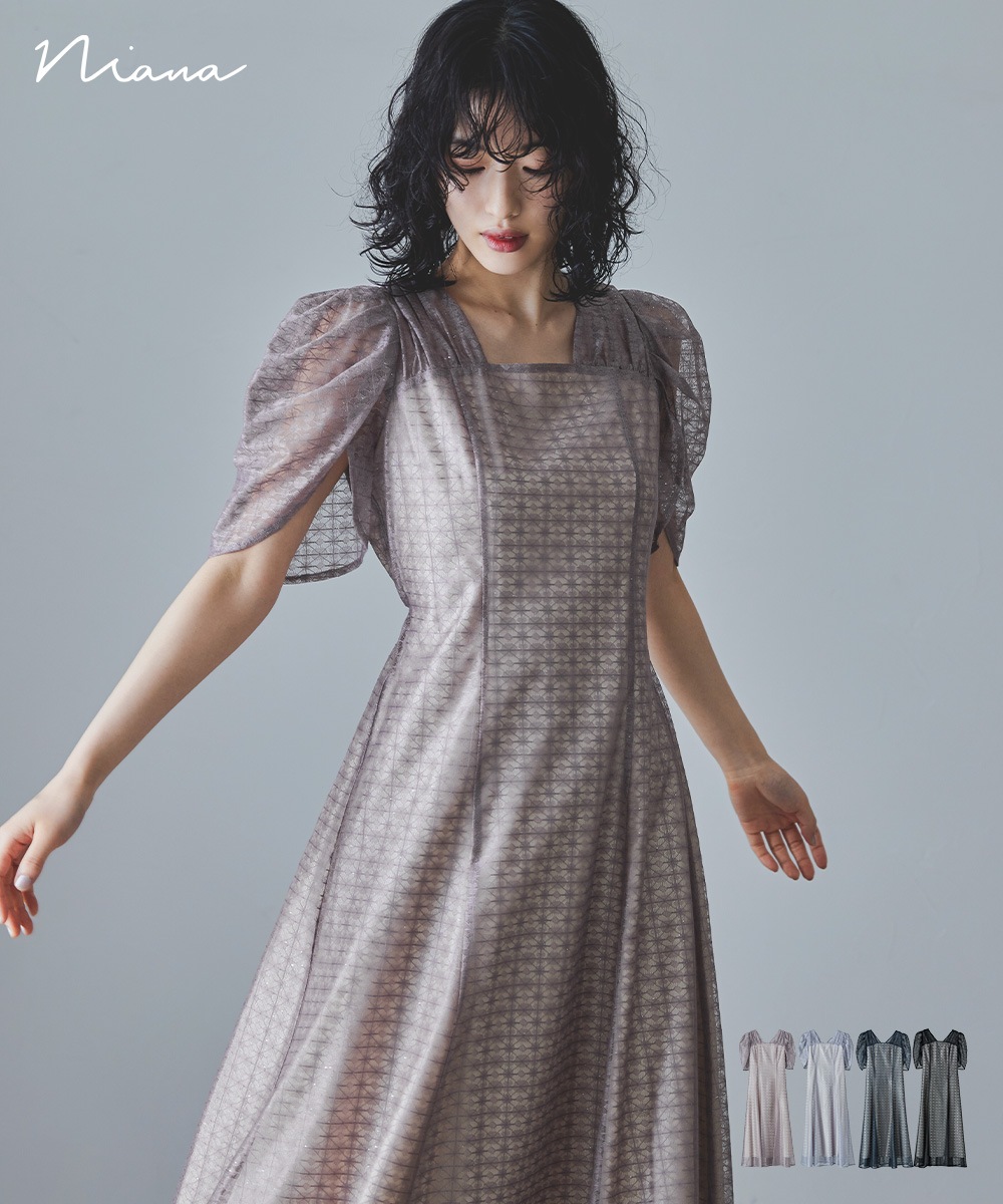 シャイニーレーススリットスリーブドレス パーティードレス 結婚式 ワンピース 総レース シアー バックリボン フレア お呼ばれ パーティー 二次会 披露宴 謝恩会 成人式 同窓会 卒業式 フォーマル