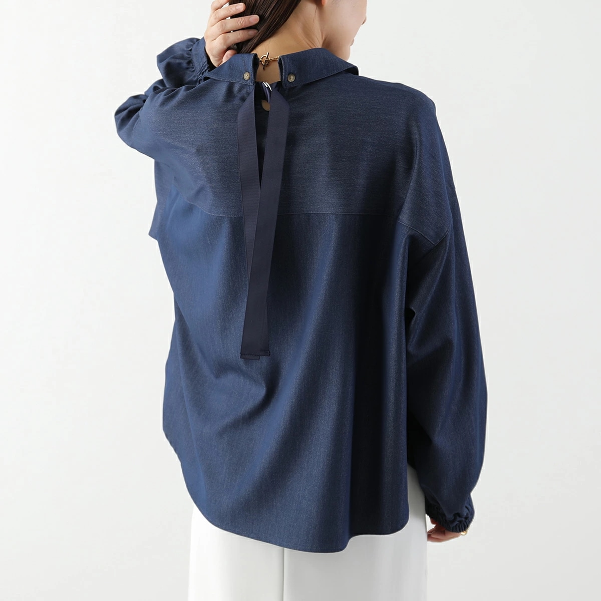 HERENCIA ヘレンチア シャツ Denim-like Back Ribbon Blouse H426108 レディース デニム風 ブラウス バックリボン 長袖 2/ネイビー