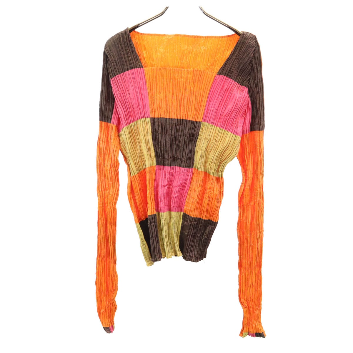 長袖 スクエアネック プリーツ カットソー オレンジ トップス レディース 古着