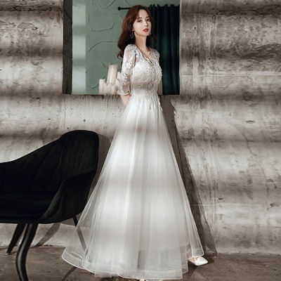 ロングドレス マキシ 丈長 7分袖 Vネック セミフレア スリム Aライン レース 刺繍 透け感 シースルー 大人可愛い きれいめ 上品 おしゃれ ガーリー エレガント 主役級 ラブリー キュート