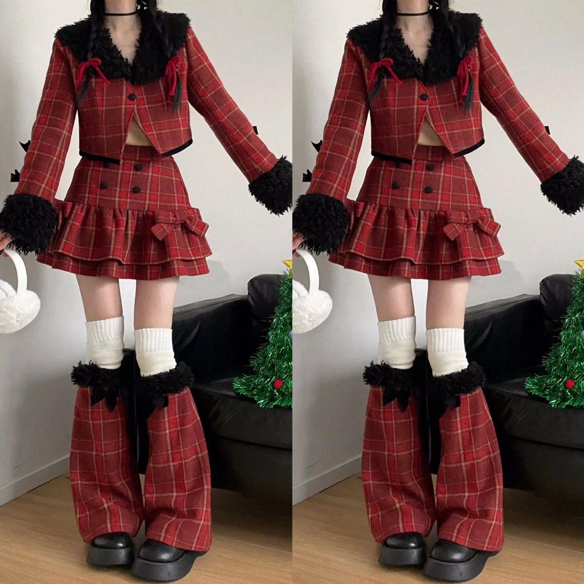 人气新作韓国ファッションセット服 レディースレトロ新年のセットアップ 秋冬物 ファッション 上下セット