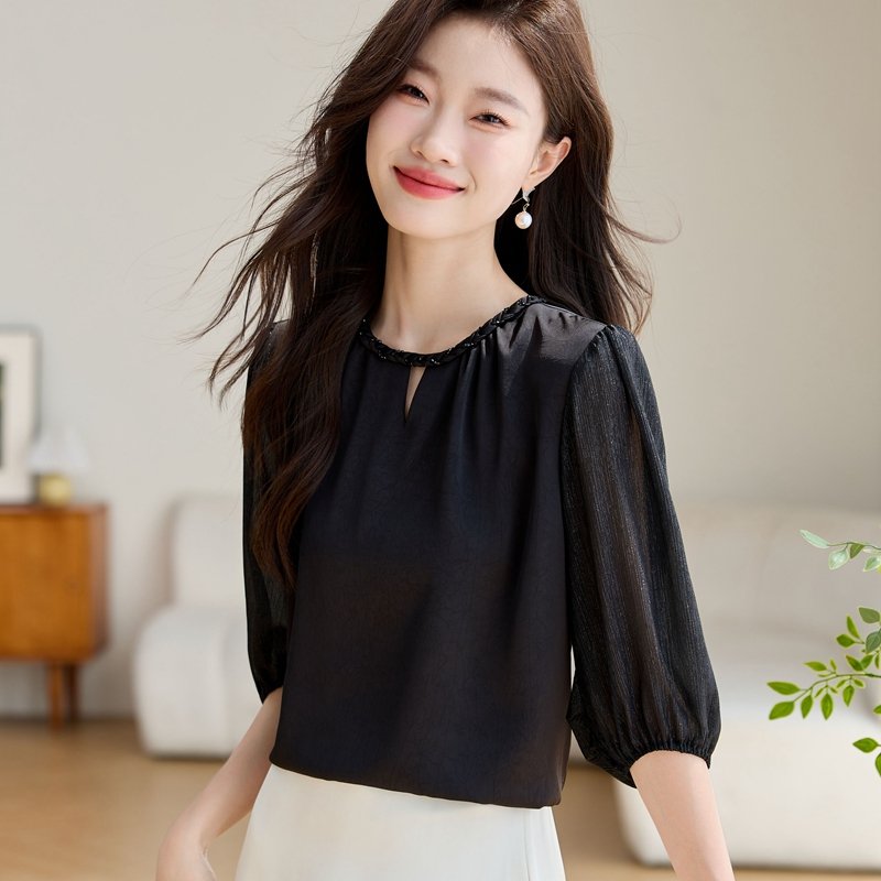 小さな贅沢SALE，レディース トップス ブラウス プルオーバー 7分袖 ラウンドネック シフォン 薄手 大人可愛い きれいめ 無地 お出かけ お泊まり ショッピング M L XL 2XL 3XL 黒