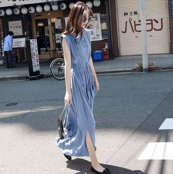 レディース ワンピース シャツワンピ ロング フレアスリーブ ノーカラー ハーフボタン タック ウエストマーク ドロスト ギャザー かわいい 大人可愛い きれいめ 上品 おしゃれ かっこいい