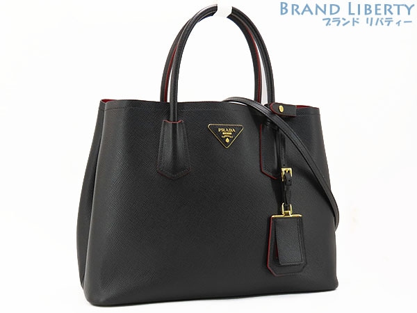ほぼ新品 プラダ ダブル サフィアーノレザー ミディアムバッグ 2WAY ハンドバッグ ショルダーバッグ トートバッグ ブラック レッド 1BG887