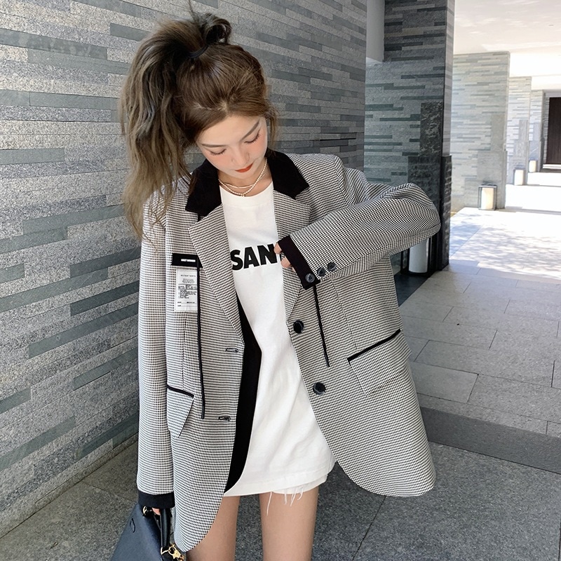 2024人気新作チェックスーツレディース春服カーディガン韓国ファッションアウター流行り長袖トップス千鳥格スーツ